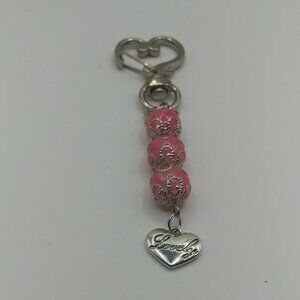 Elegant Pink Bead 3" Keychain Silver Heart Hardware Lovely